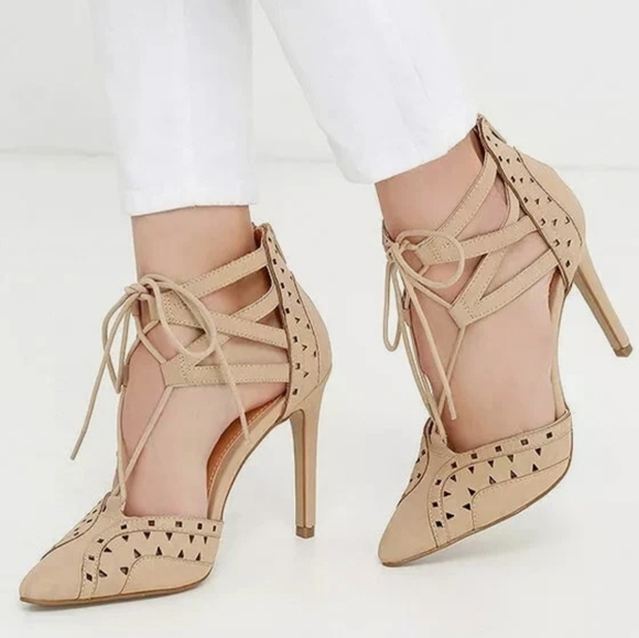 MIA Beige Lace-Up Heels - Picture 1 of 9